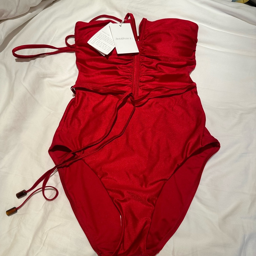 Zimmermann The Clover Ruched Halterneck Swimsuit Size 2-4 in Cherry Red NEW